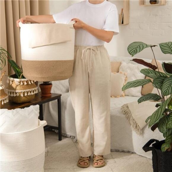 Large Cotton Rope Woven Basket - 18" x 17” Tall Decorative Storage Basket - Picture 3 of 7